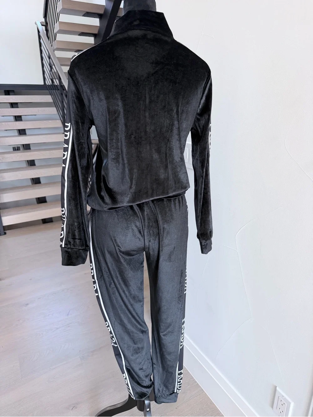 Prada Black Velour Track Jacket & Pants Set size S